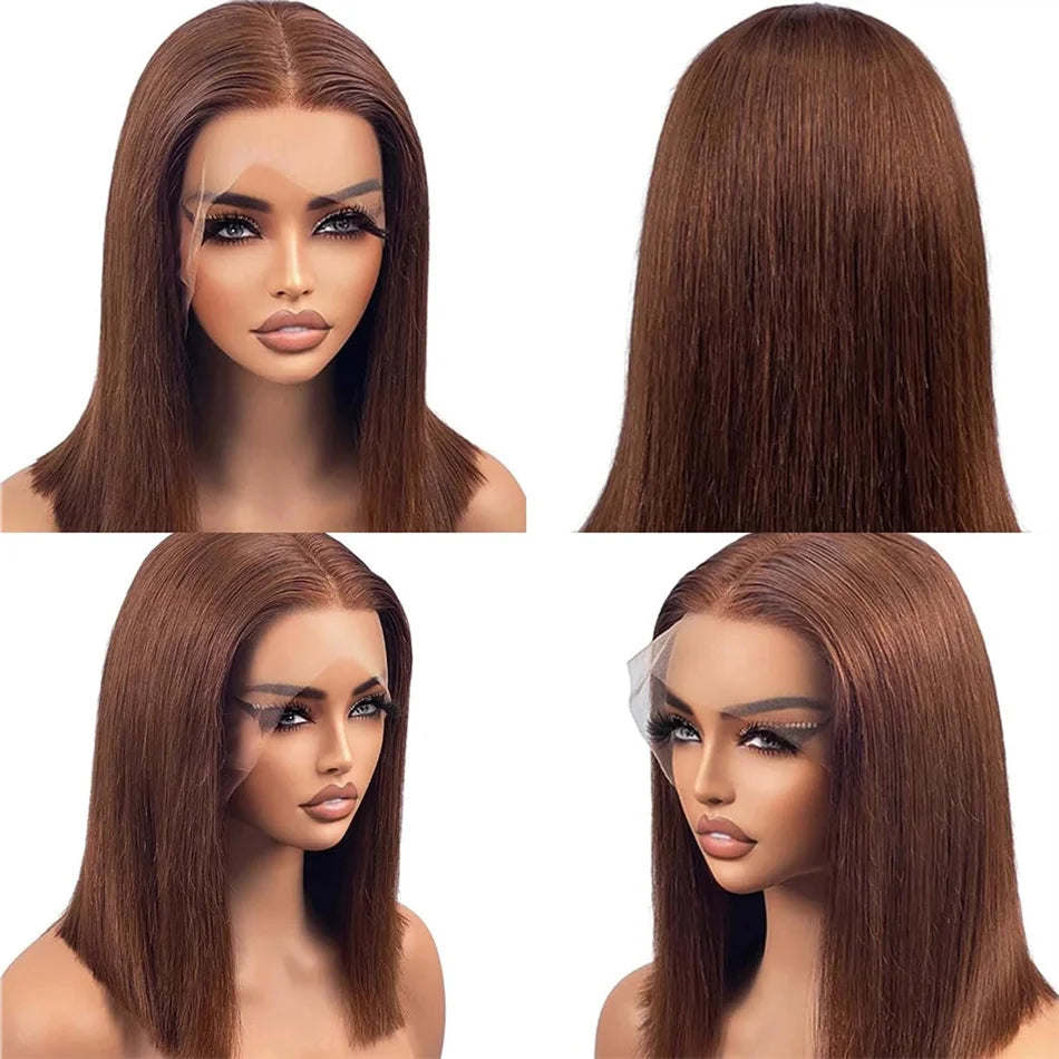 Chocolate brown bob wig with a center part and untrimmed lace, shown on a mannequin from front, back and side angles.