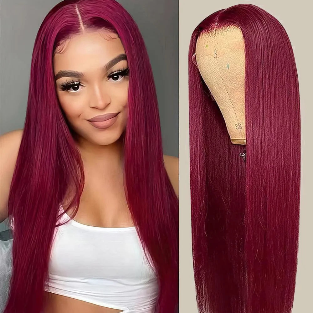 Long, straight burgundy wig shown on a model with a center part and on a mannequin with hair swept back.