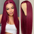 Long, straight burgundy wig shown on a model with a center part and on a mannequin with hair swept back.