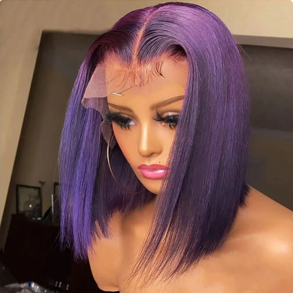 Dark purple straight bob wig viewed from the opposite angle, showing the parting, lace-front hairline and blunt ends.