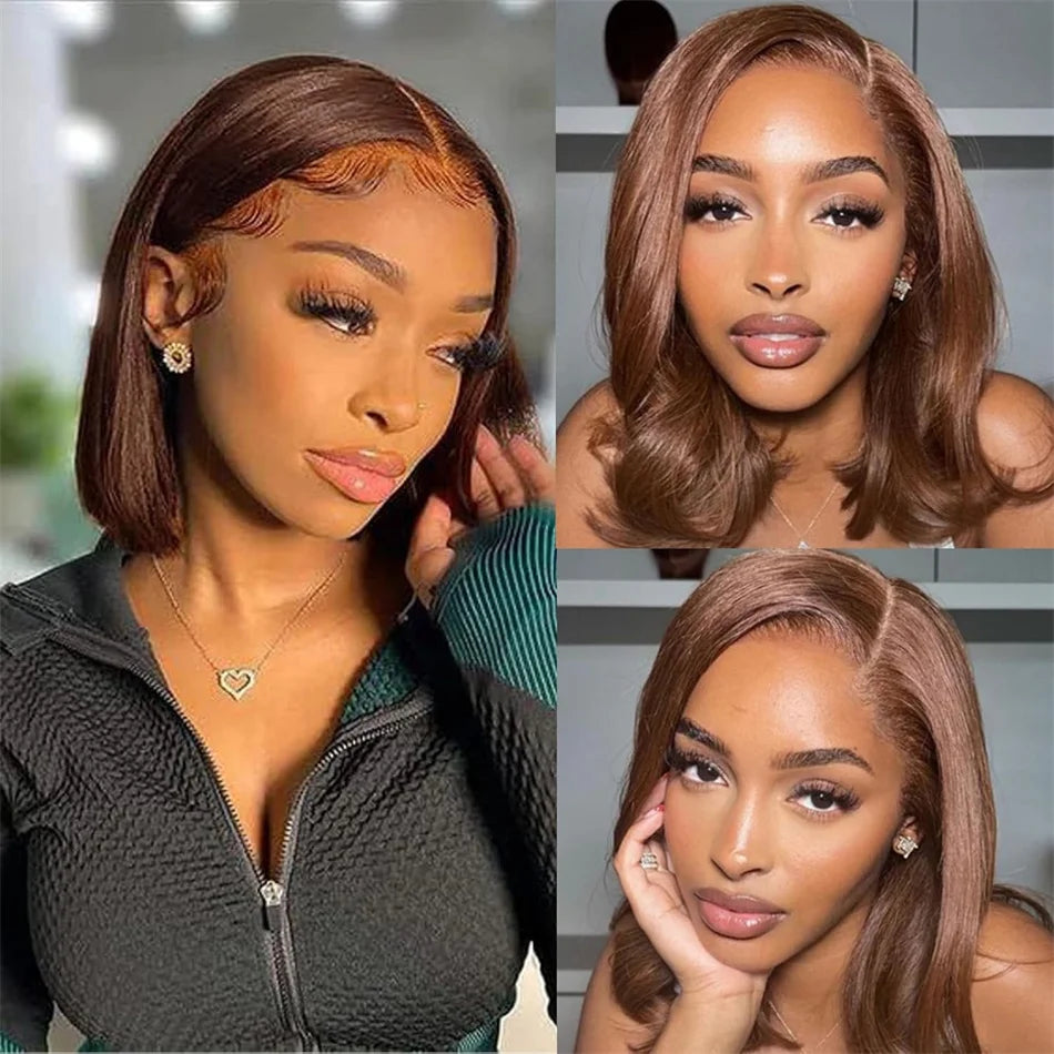 Models wearing chocolate brown bob wigs in sleek straight and softly curled styles, with side parts and styled baby hairs.