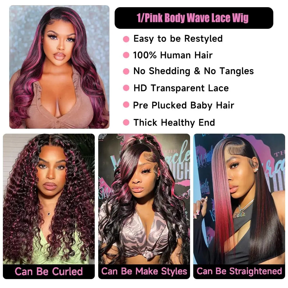 Four-photo collage of a black and pink highlighted wig styled in body waves, tight curls, a half-up ponytail and straight hair.