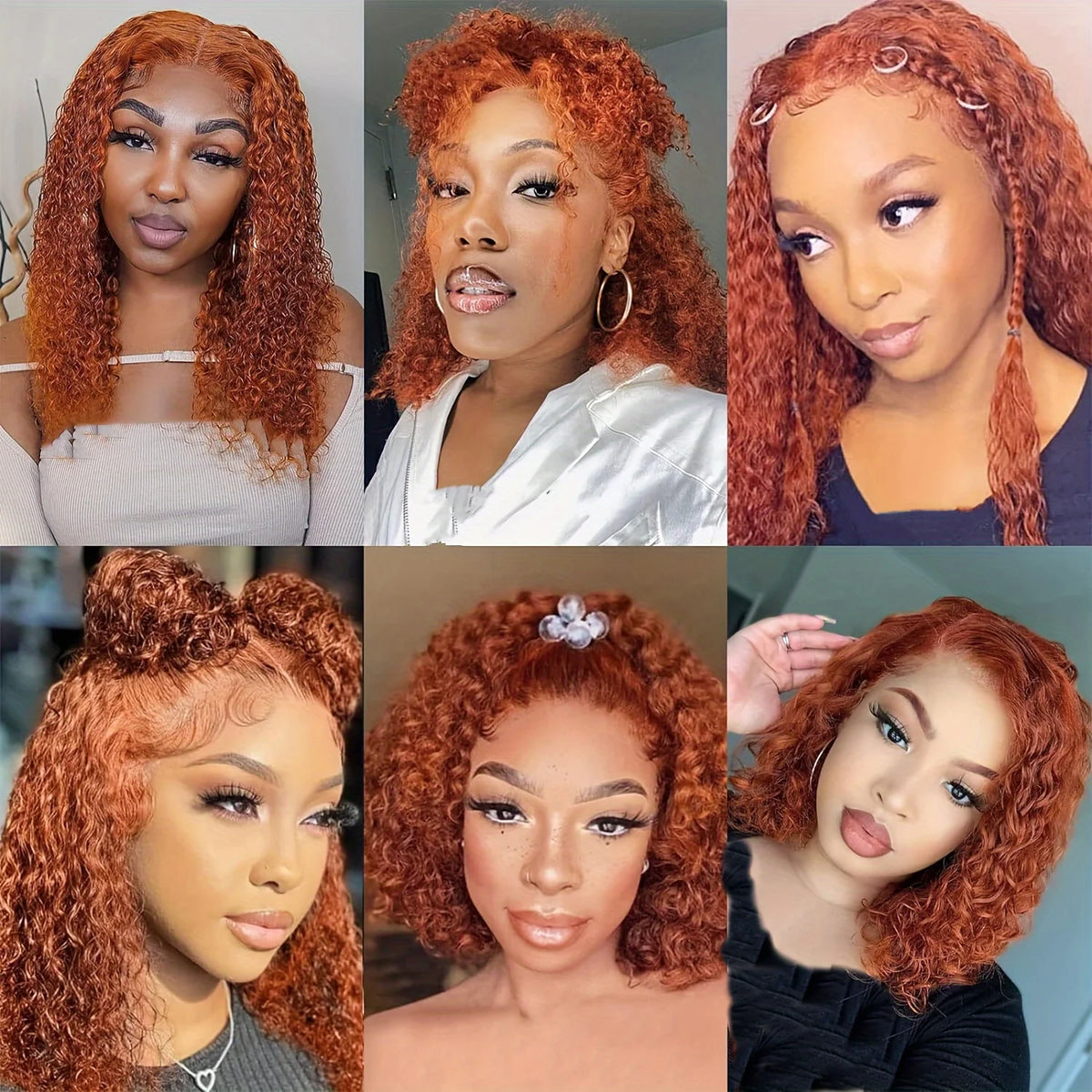 Six-photo collage of ginger curly wig styles, including loose curls, half-up buns, braids and hair accessories.
