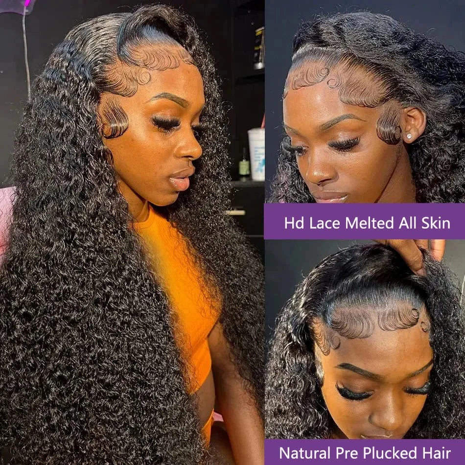 Black deep wave wig on a model, with close-ups of the lace-front hairline, side part and sculpted baby hairs.