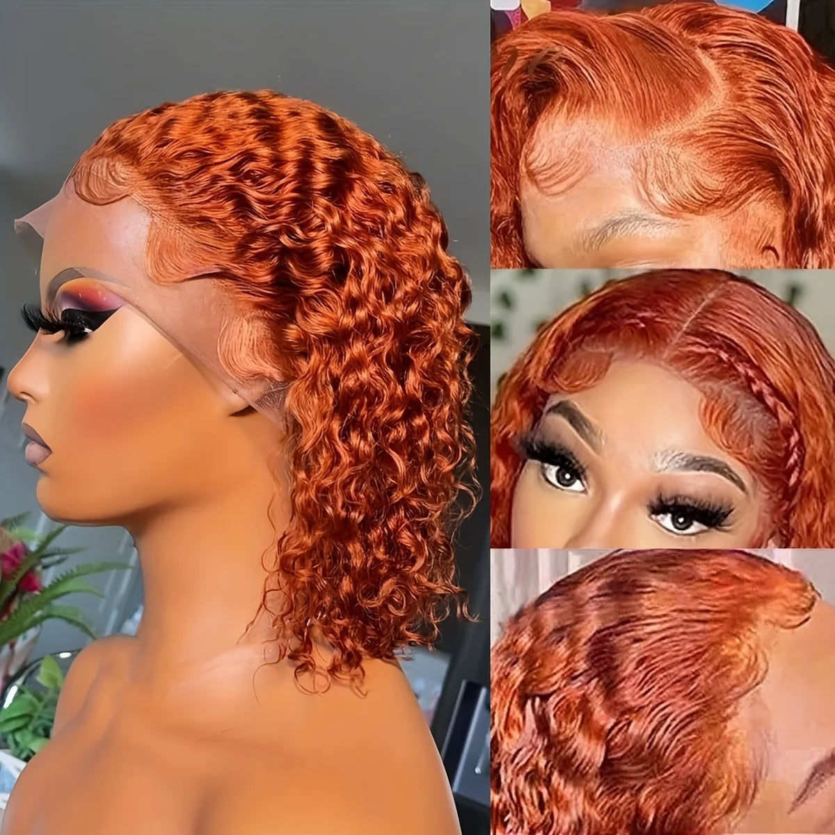 Collage of a ginger curly bob wig on a mannequin, showing a side part, defined curls and close-ups of the lace-front hairline.