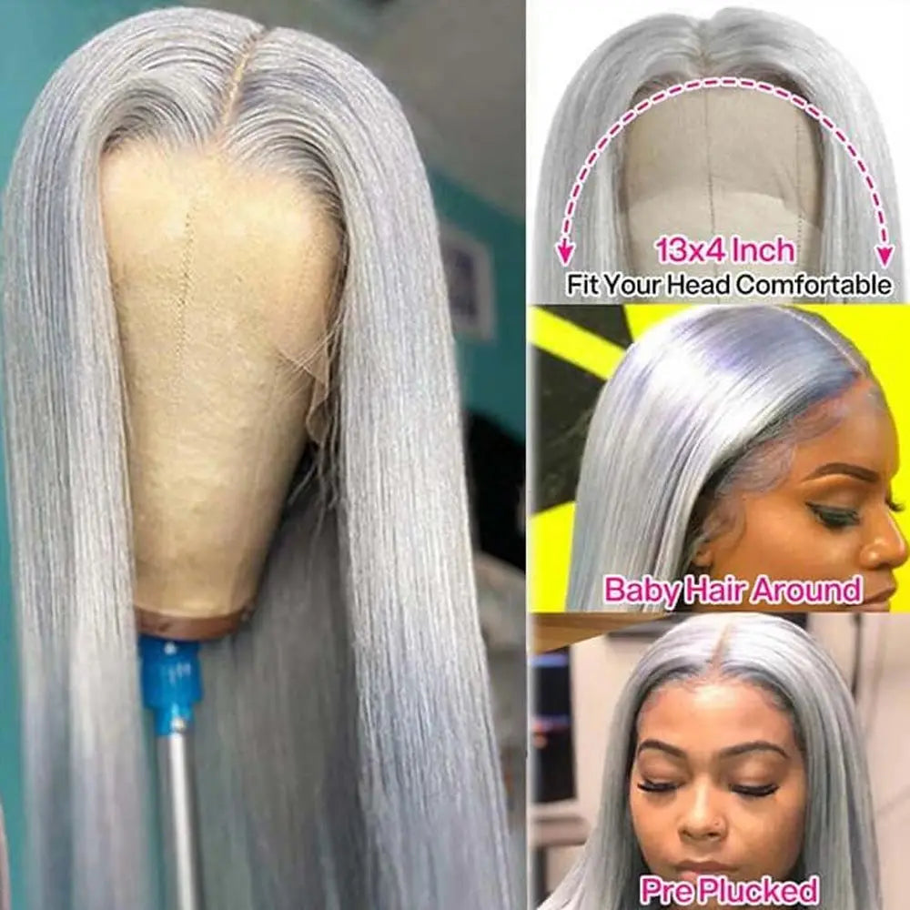 Silver straight wig on a canvas stand, with 13-by-4-inch lace markings and close-ups of the hairline on a model.