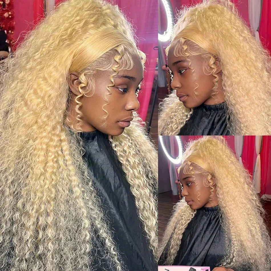 Three side views of a blonde water wave wig in a high ponytail with a swept front section and face-framing spiral curls.