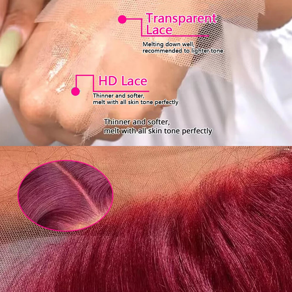 HD and transparent lace samples against skin, alongside close-ups of the burgundy wig’s lace edge and center part.