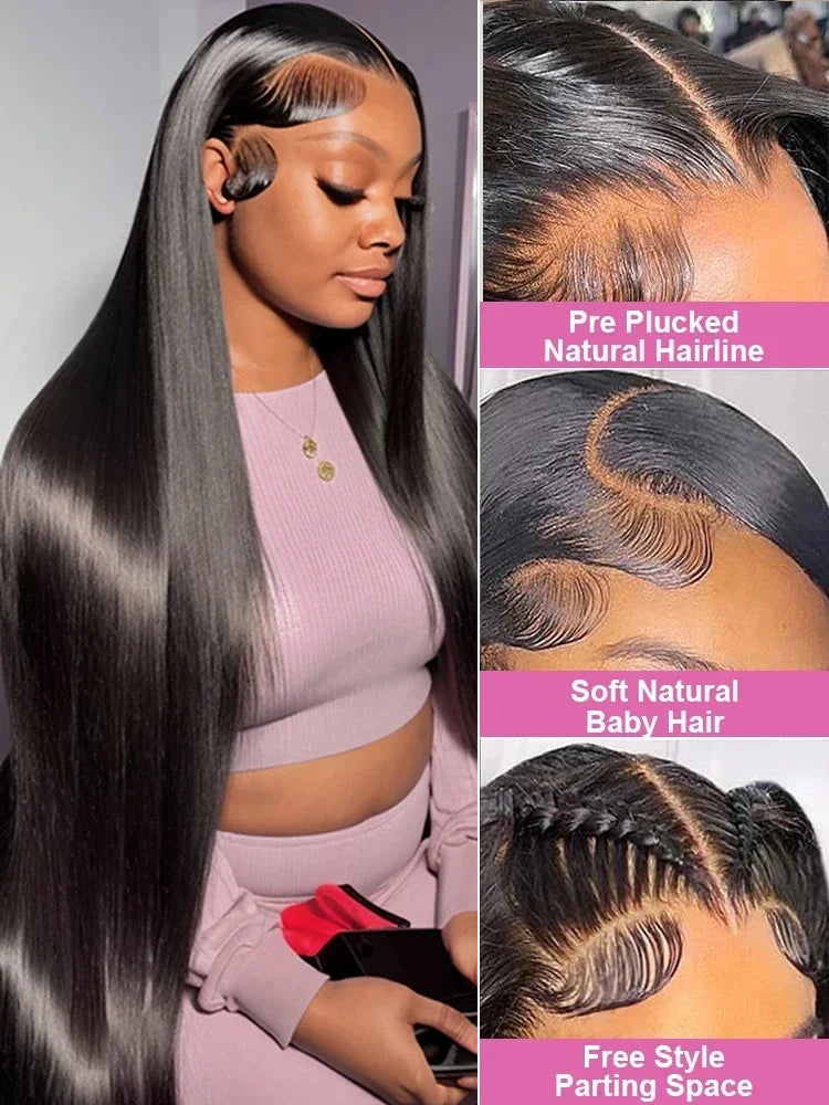 Model wearing a long black straight wig, alongside close-ups of center, curved and braided parts with sculpted baby hairs.