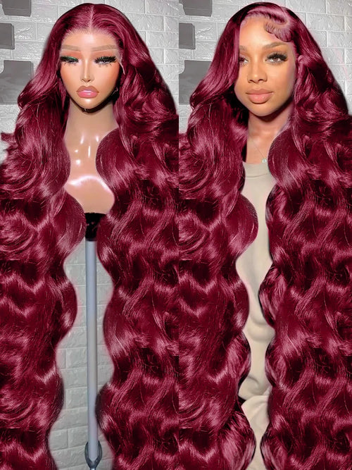 A model wearing a burgundy body wave lace front wig, showing the hairstyle and color clearly.
