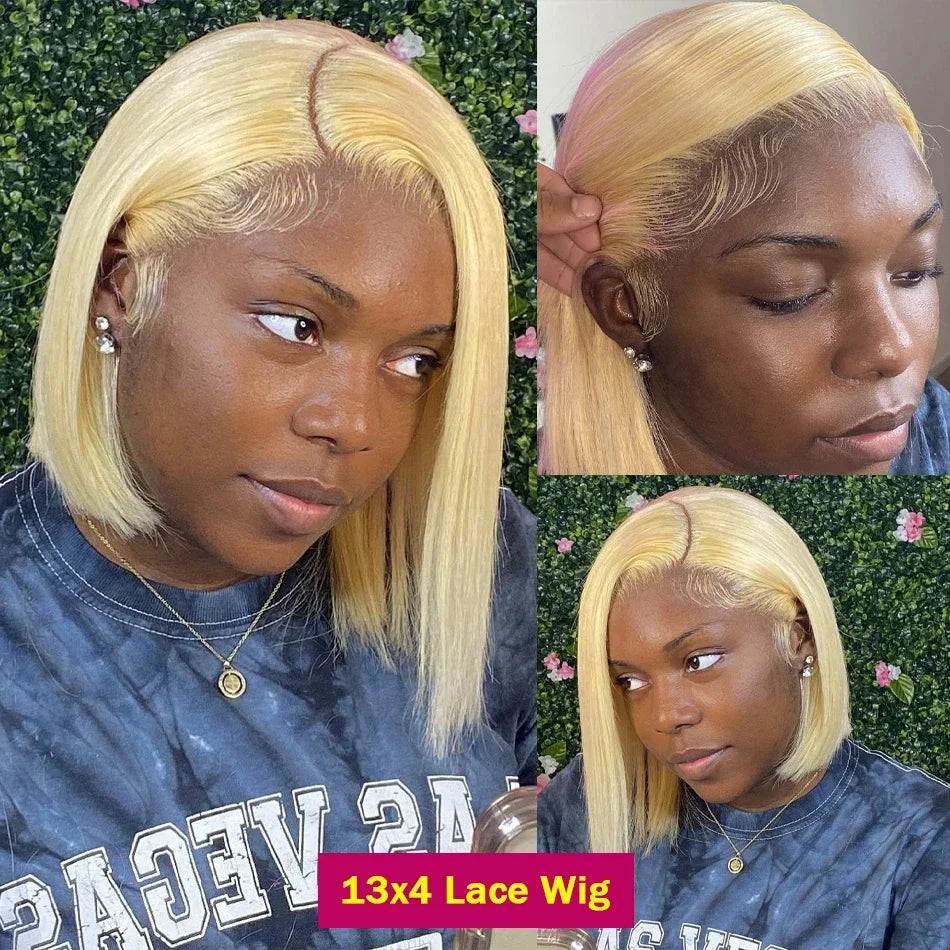 Model wearing a straight blonde bob with a curved side part, with close-ups of the lace-front hairline and styled baby hairs.