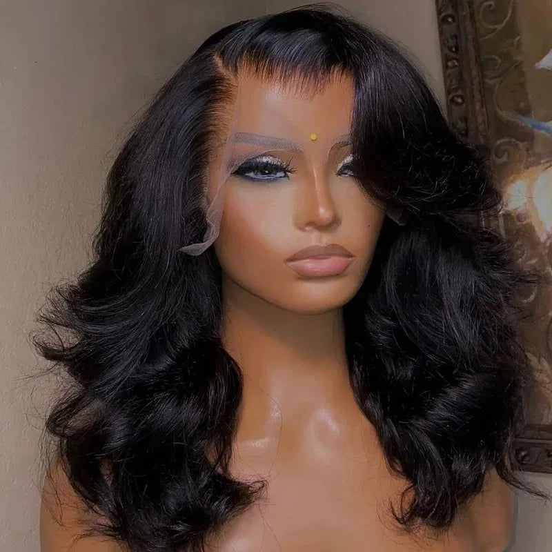 Angled view of a black body wave bob on a mannequin, showing a side-swept fringe, layered curls and untrimmed lace.