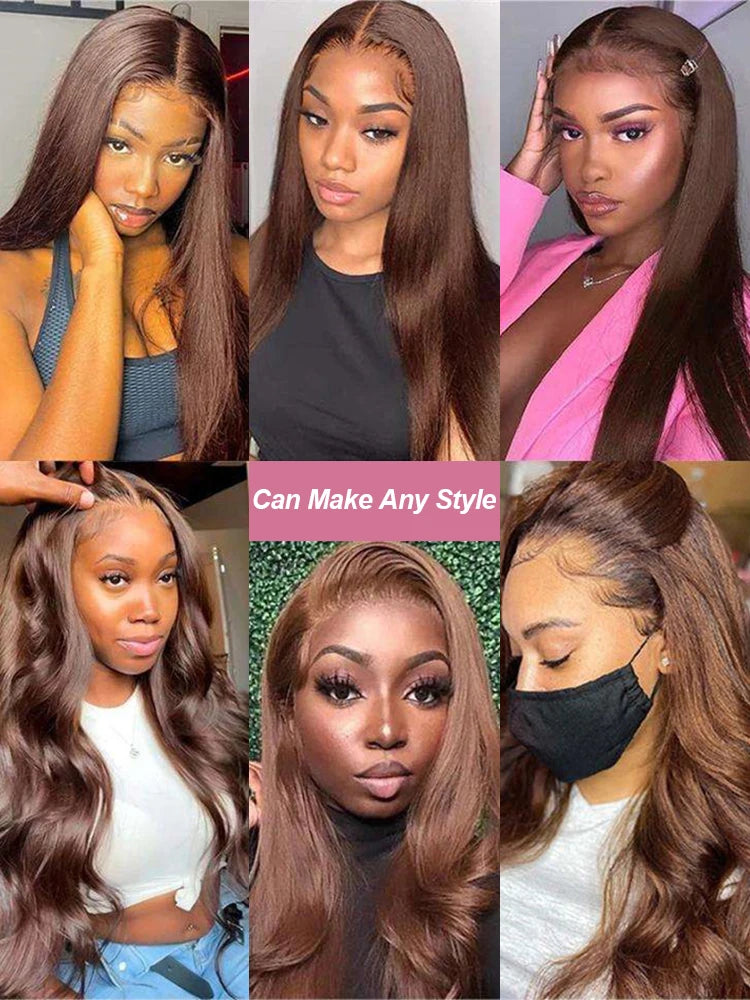 Six-photo collage of chocolate brown wig styles, including straight hair, loose waves, side parts and a half-up ponytail.