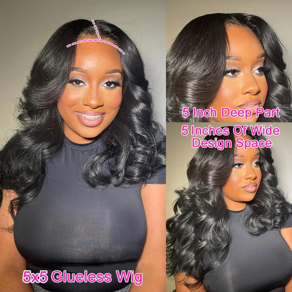 Three views of a model wearing a center-parted black wavy wig, with markings showing five-inch parting depth and width.
