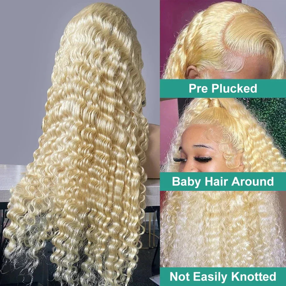 Back view of a blonde water wave wig on a mannequin, alongside close-ups of the side part, hairline and baby hairs.