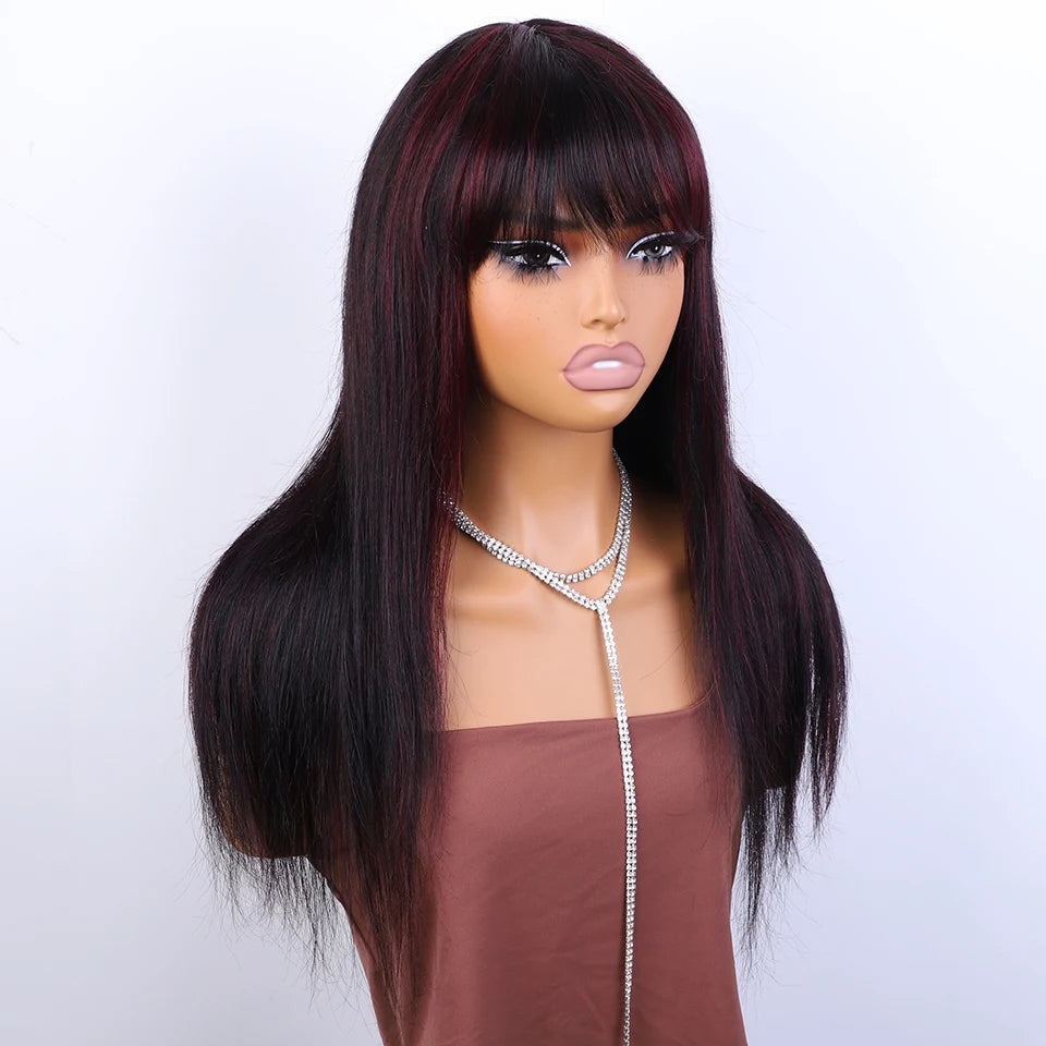 Angled view of a black straight wig with subtle burgundy highlights and full bangs on a mannequin.