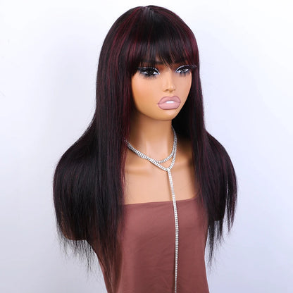 Red Highlight Straight Human Hair Wig With Bangs, Brazilian Remy Hair