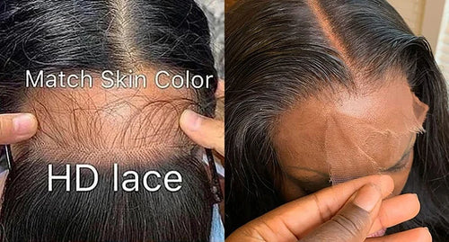 Close-up of hair with 'Match Skin Color' and 'HD lace' text overlay.