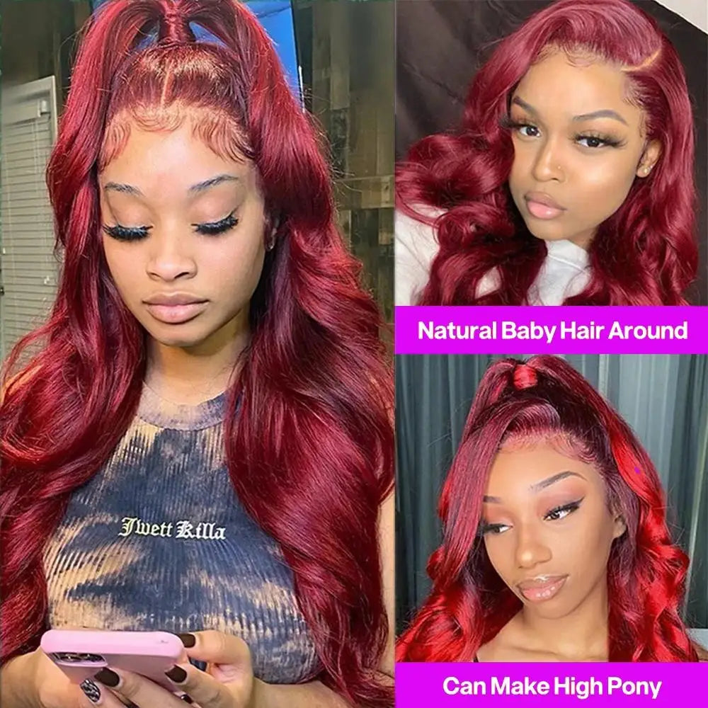 Body Wave Lace Front Wig 200% Density, Pre Plucked - Burgundy