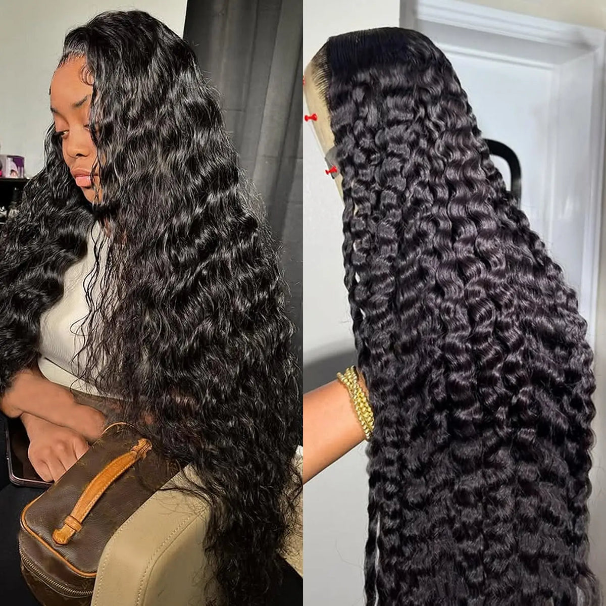 Model wearing a Deep Wave Lace Front Wig on the left and a close-up of a Deep Wave Lace Front Wig on a white background on the right.