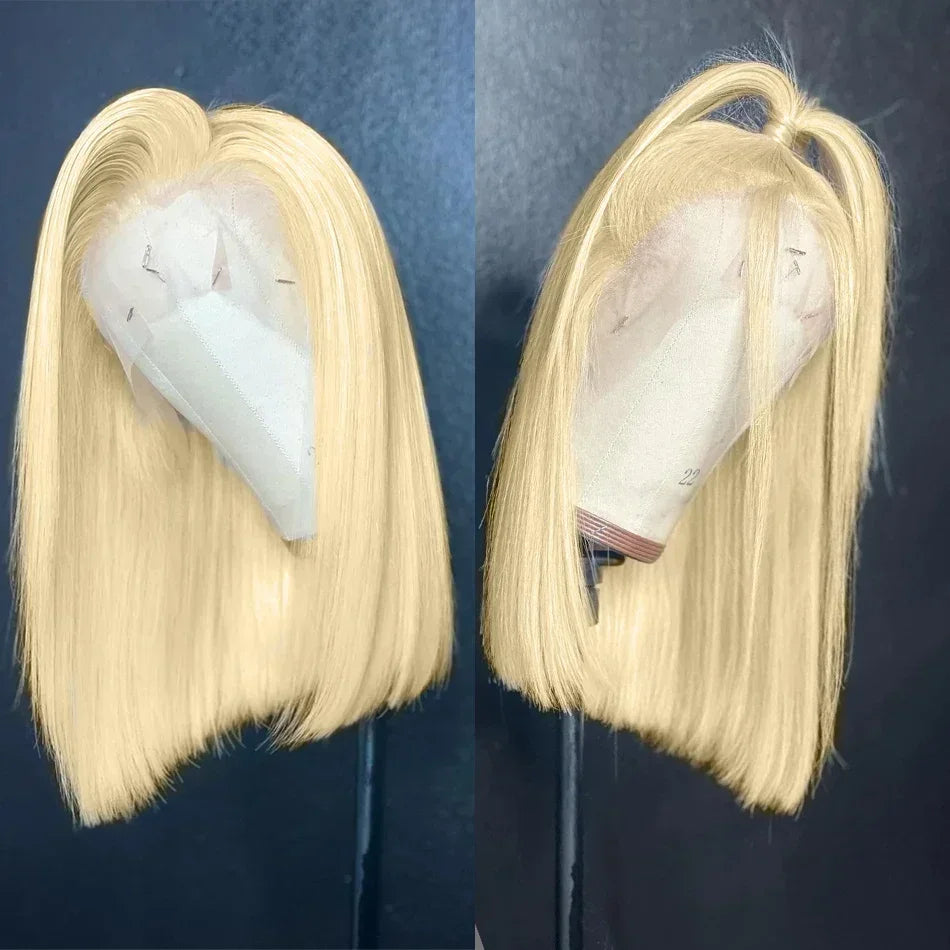 613 blonde straight bob wig on a mannequin, shown with a side part and a half-up ponytail, with blunt-cut ends.