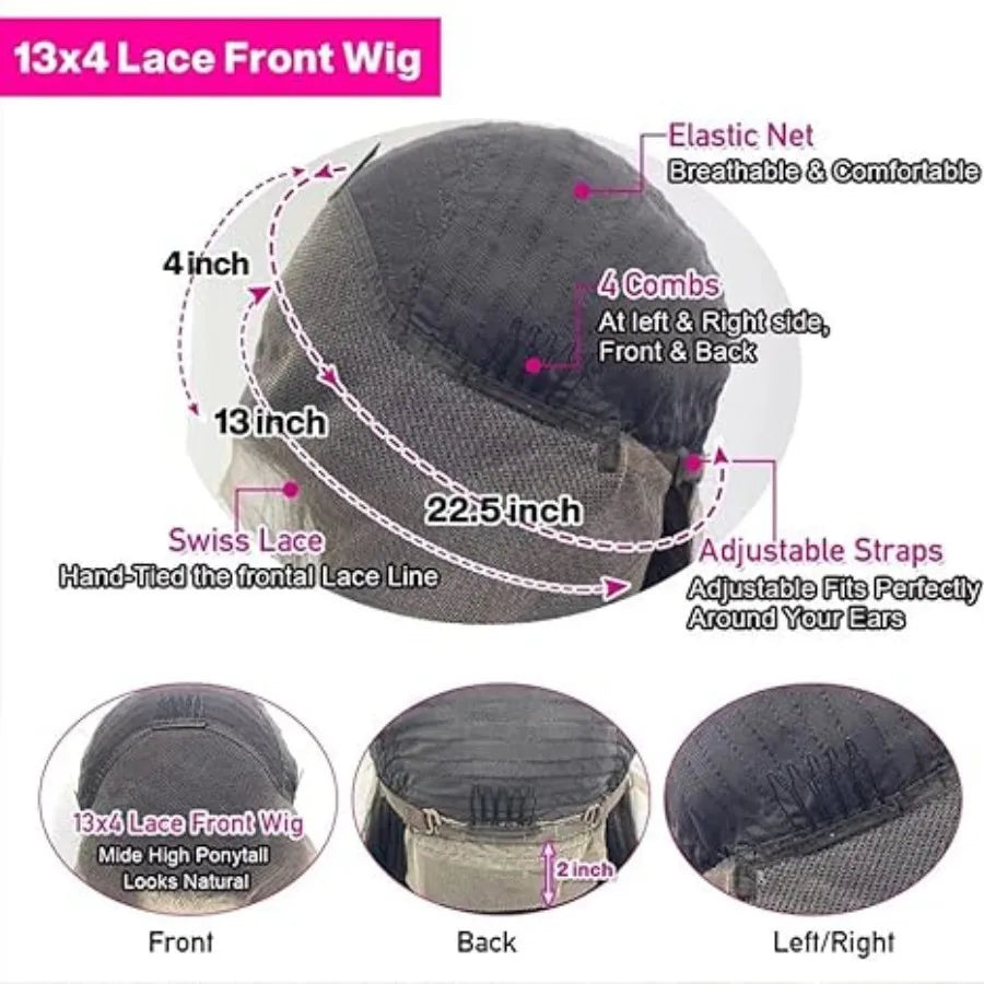 Wig cap diagram showing 13-by-4-inch lace coverage, elastic mesh, four combs and adjustable straps.