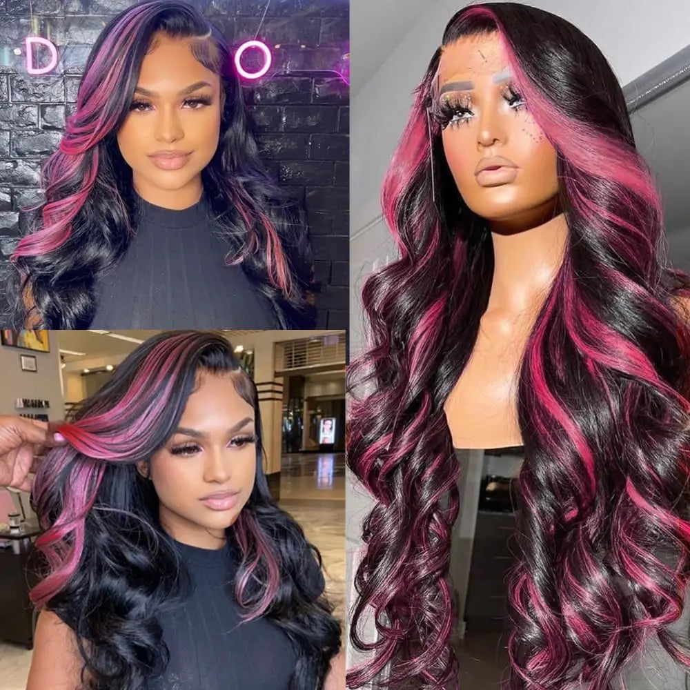 A collage of three images featuring a lace frontal wig with Brazilian human hair. The wig has a body wave texture and includes vibrant pink highlights.
