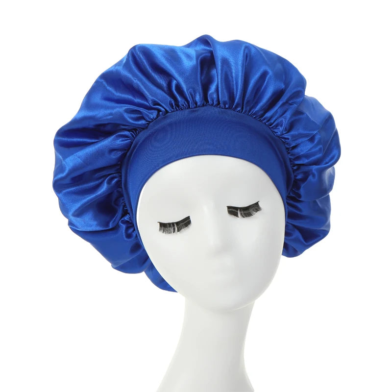 a blue silk bonnet on a mannequin 