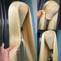 Collage of a 613 Bone Straight Wig on a mannequin head and held by a hand.