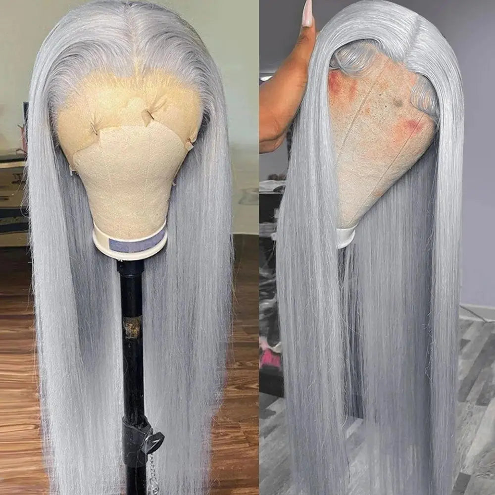 Long silver straight wig on canvas stands, showing center and side parts, smooth strands and styled baby hairs.