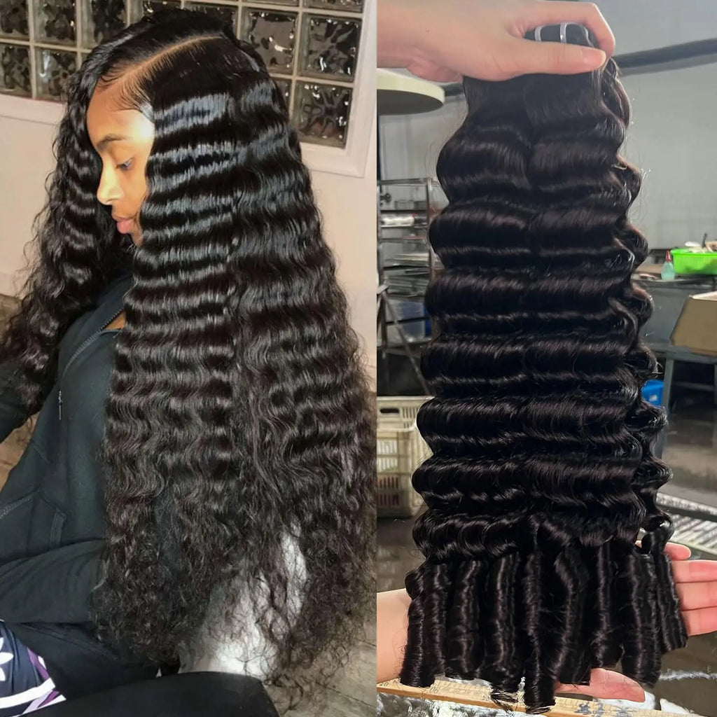 Two images, one showing hair bundles styled on a model and a set of Deep Wave Curly Bundles