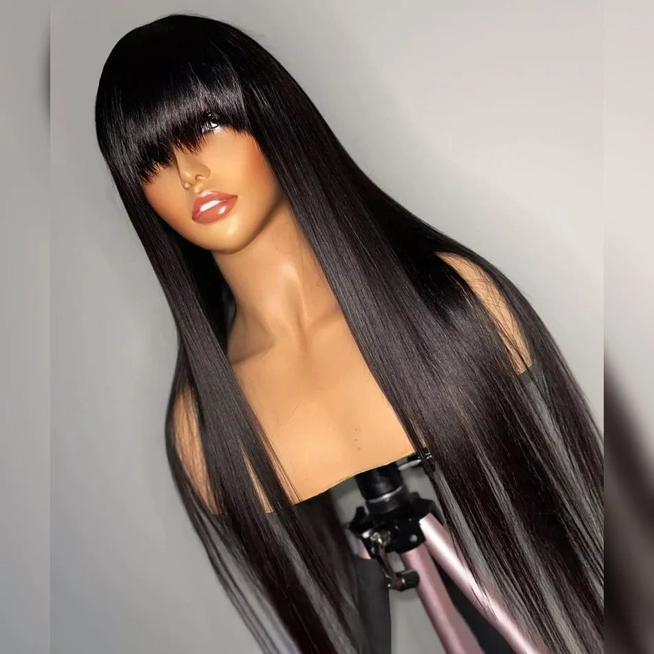 Opposite angled view of a long black straight wig on a mannequin, showing full bangs and smooth strands draped over both shoulders.