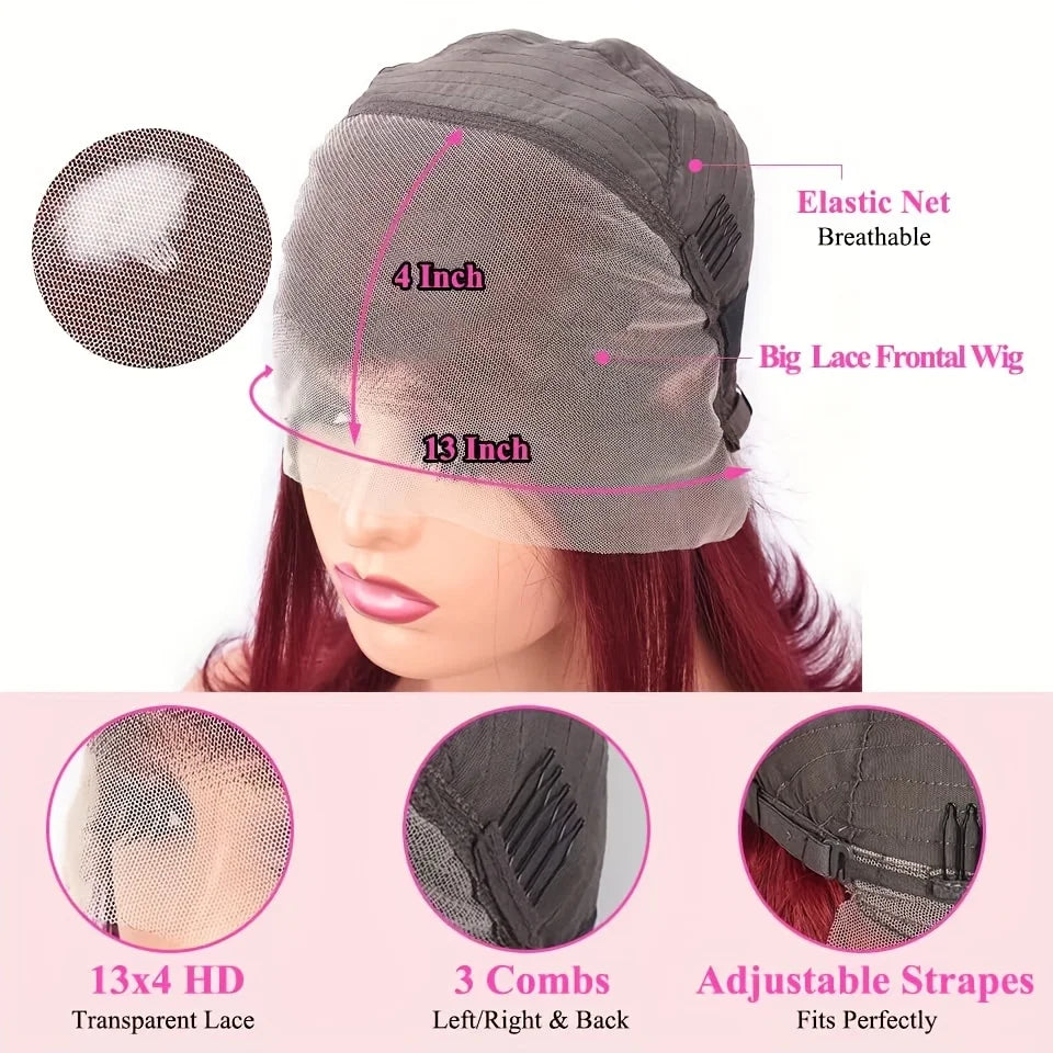 Wig cap diagram showing 13-by-4-inch lace frontal, breathable mesh, three combs and adjustable straps.