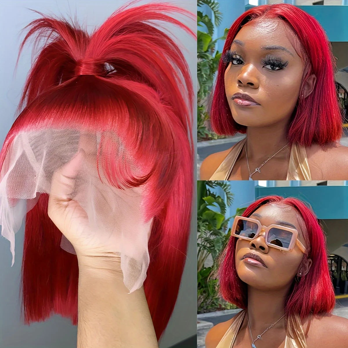 Red bob wig showing untrimmed lace and a half-up style, alongside two views of a model wearing the bob.