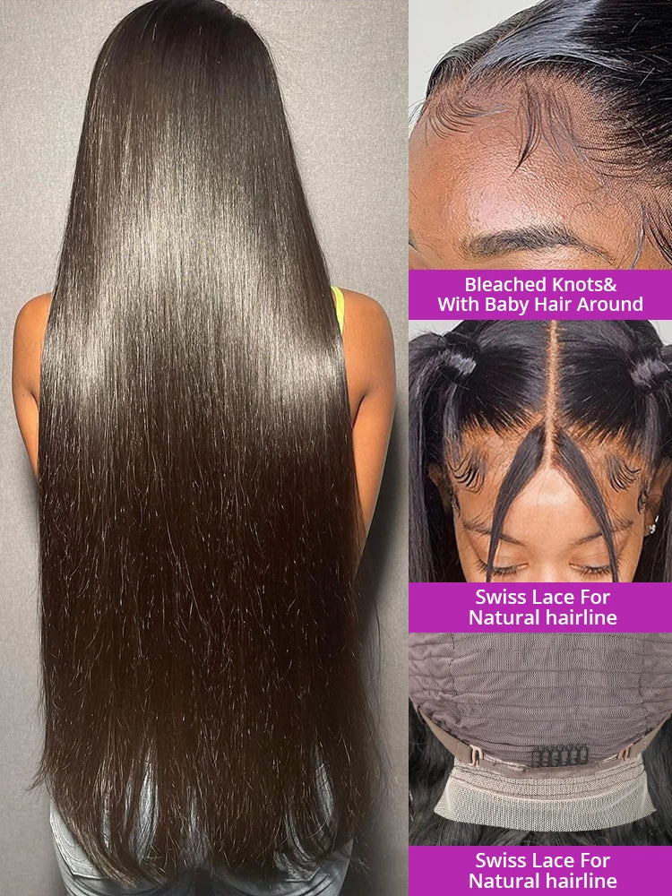Back view of a long straight wig, alongside close-ups of the hairline, center-part styling and inner cap construction