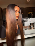 Long, straight chocolate brown wig on a mannequin, showing a center part, darker roots and styled baby hairs.