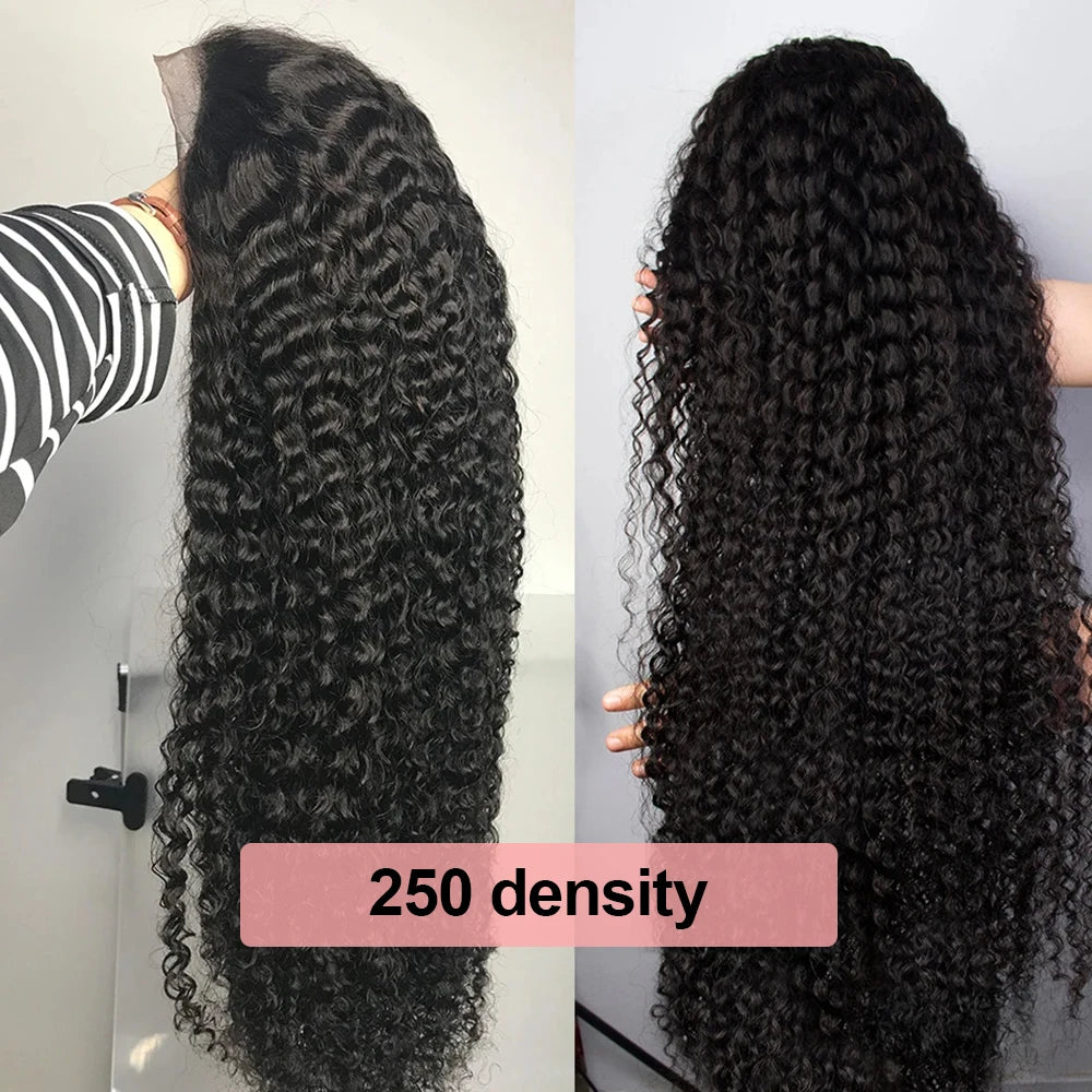 Two views of a long black deep wave wig held up to show its curl pattern, labeled as 250% density.