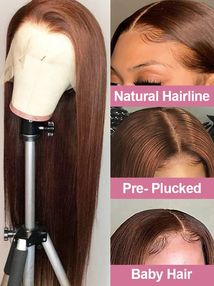 Long chocolate brown wig on a mannequin, with close-ups of the hairline, center part and baby hairs.
