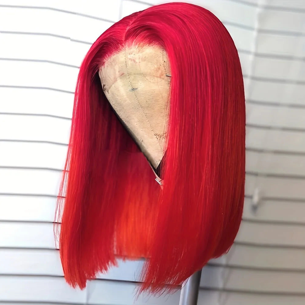 Straight red bob wig on a mannequin, showing a center part, smooth strands and blunt-cut ends.