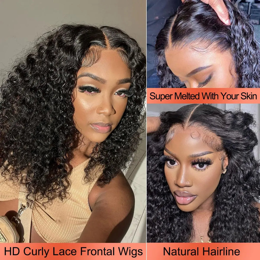 Models wearing black curly bob wigs, with close-ups of the center part, lace-front hairline and styled baby hairs.