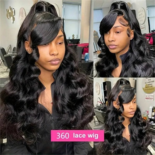 Three views of a black body wave wig styled in a half-up ponytail with side-swept bangs and long, loose curls.
