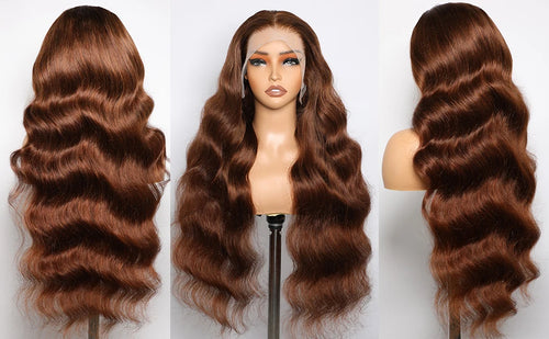 Ginger Body Wave Wig displayed on a mannequin with side and back views.