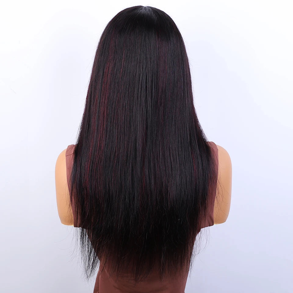 Back view of a long black straight wig with subtle burgundy highlights and tapered ends.