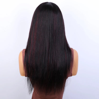 Red Highlight Straight Human Hair Wig With Bangs, Brazilian Remy Hair