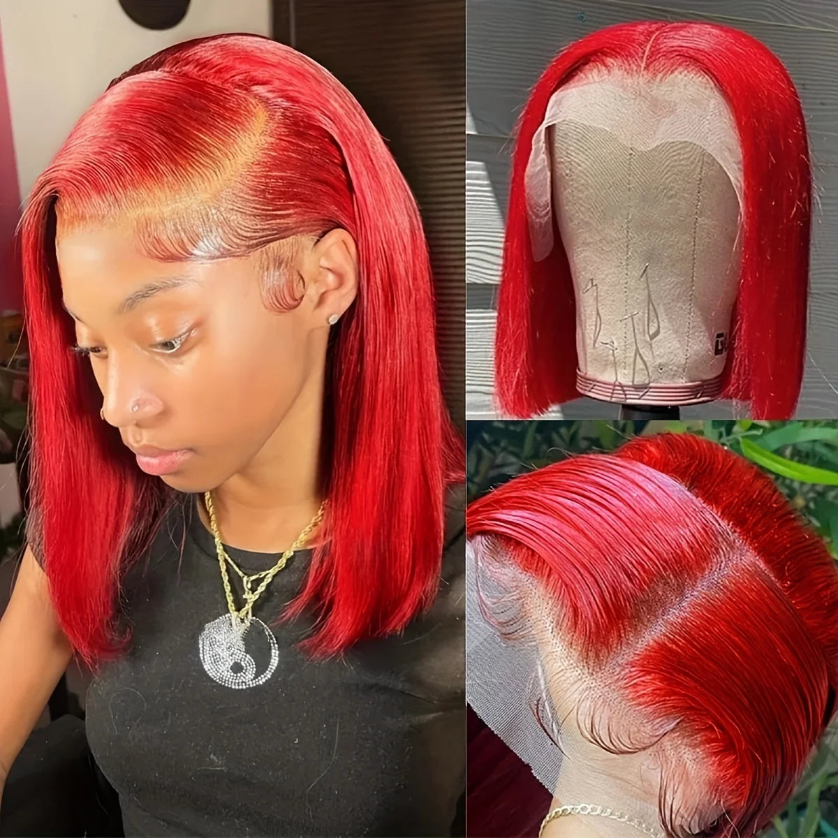 Collage of a straight red bob wig worn with a side part, with close-ups of the lace front and styled hairline.