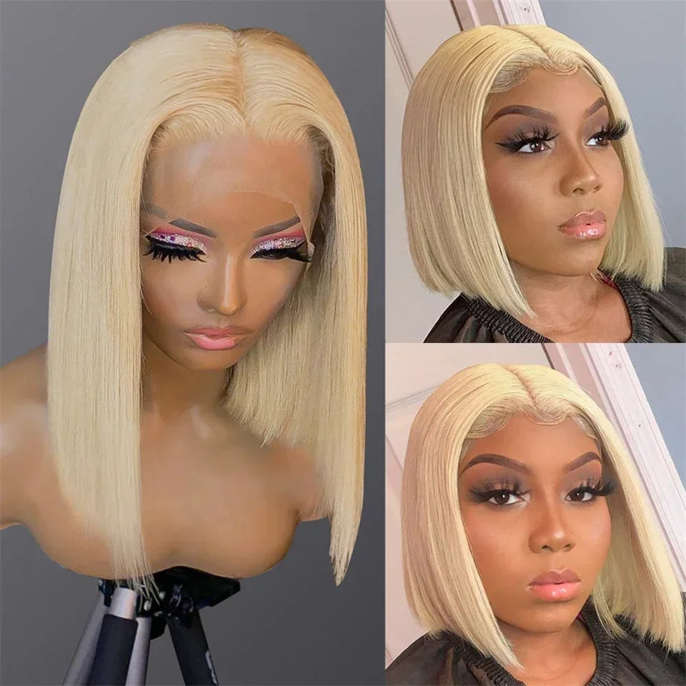 Collage of a blonde bob wig on a mannequin and model, showing a center part, straight strands and blunt-cut ends.