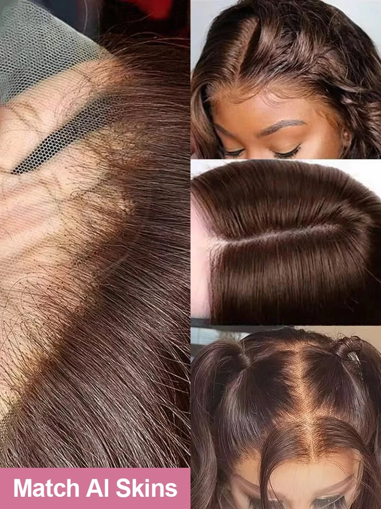 Close-up of chocolate brown hair attached to sheer lace, alongside examples of side parts, waves and a half-up style.