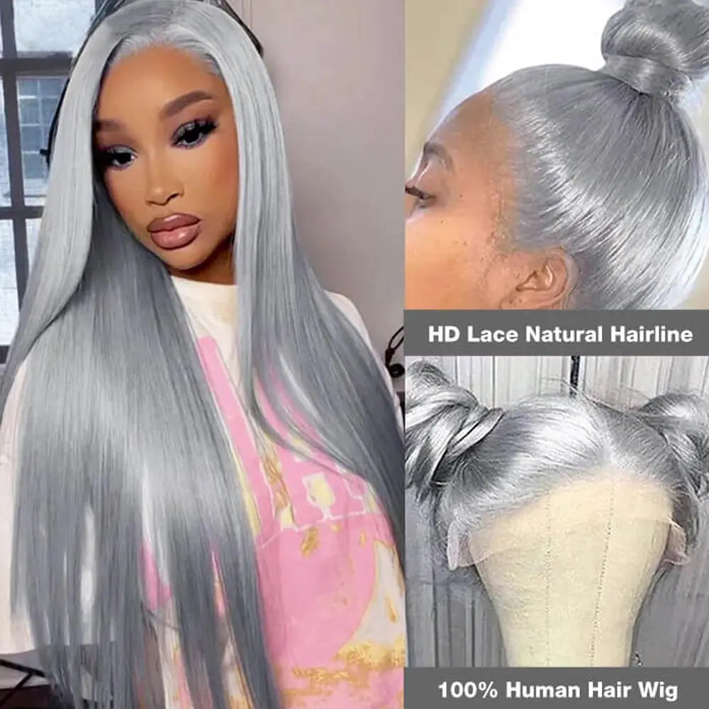 Silver wig shown worn long and straight, in a high bun and in two half-up buns, with hairline close-ups.