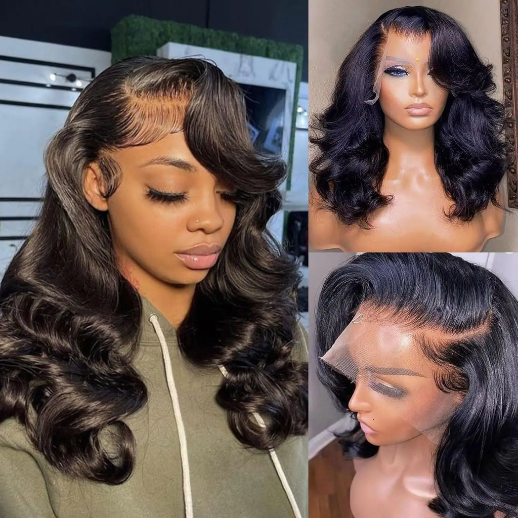 Collage showing a natural black body wave wig on a mannequin and a model wearing the styled wig.