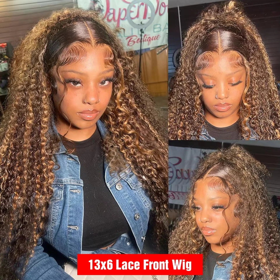 Three views of a highlighted brown deep wave wig styled half-up, with dark roots, a center part and sculpted baby hairs.
